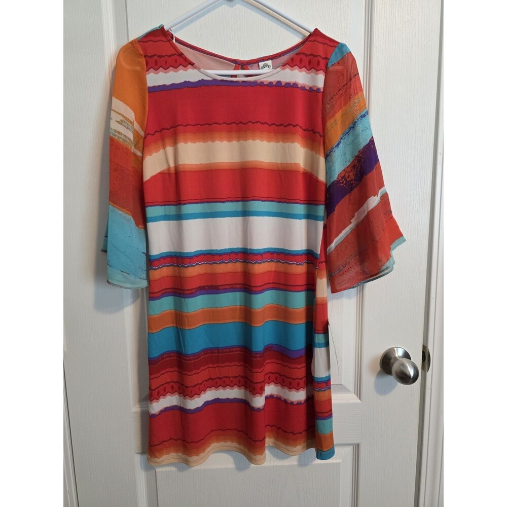 Sami & Jo Colorful Striped Shift Dress 3/4 Bell Sleeve Round Neck Size 4